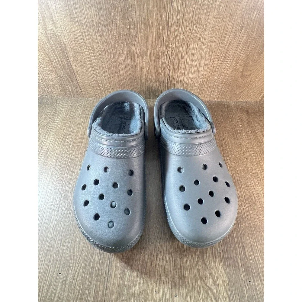 Crocs Men’s US 9 Women’s 11 Gray Faux Fur Lined Rubber Slip-On Clog Casual Shoes